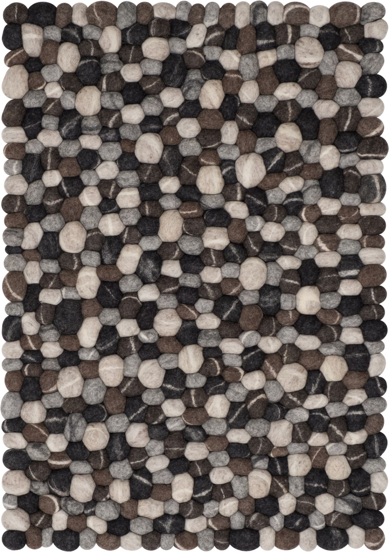 Myfelt Filzkugel Teppich 140x200 cm, handgefertigt aus Schurwolle in Grau-, Braun- und Beigetönen.