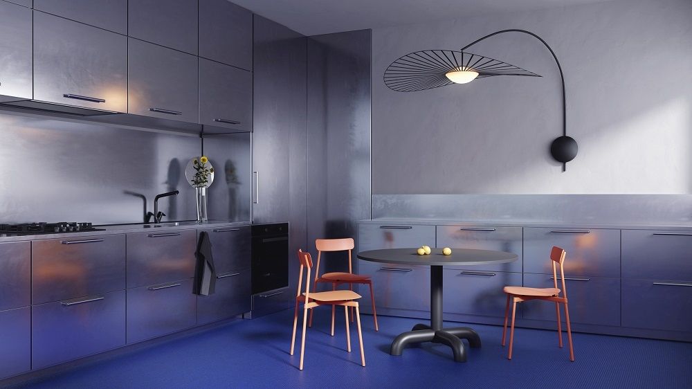 Vertigo Nova Applique Petite Friture Noir/Blanc Moderne Küche mit Vertigo Nova Wandleuchte von Petite Friture in Schwarz/Weiß, die über einem Esstisch angebracht ist.