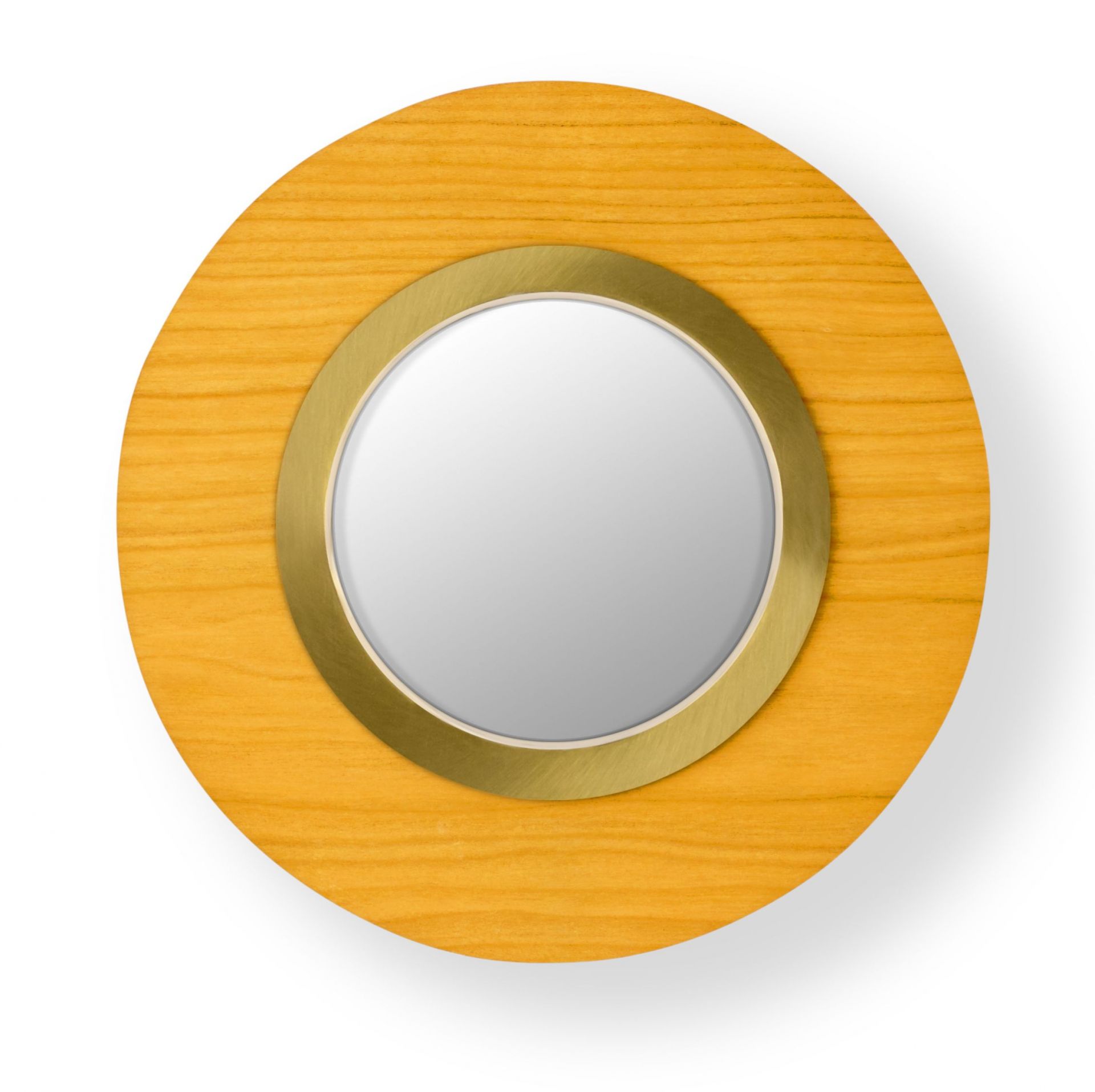 Lens LED Wandleuchte von LZF Lamps: Runde Wandlampe in Gelb mit goldenem Metallring.