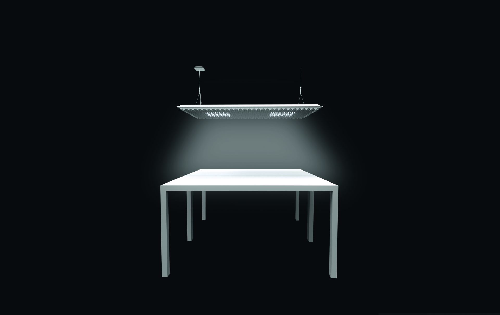 Eggboard Matrix Pendelleuchte von Artemide, weiße Büroleuchte mit Matrix-Design über einem Tisch.