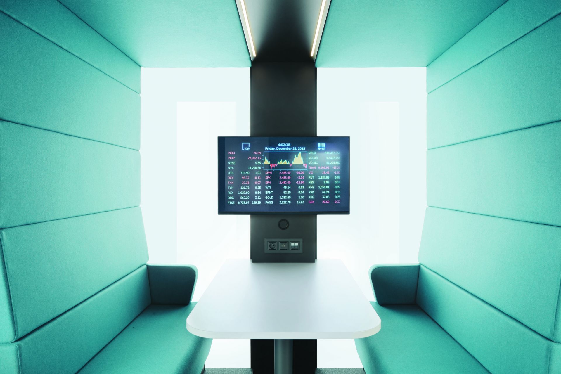 Moderne Telefonzelle für Büro: Blauer Stoff, weißer Tisch, Monitor mit Börsenkursen.