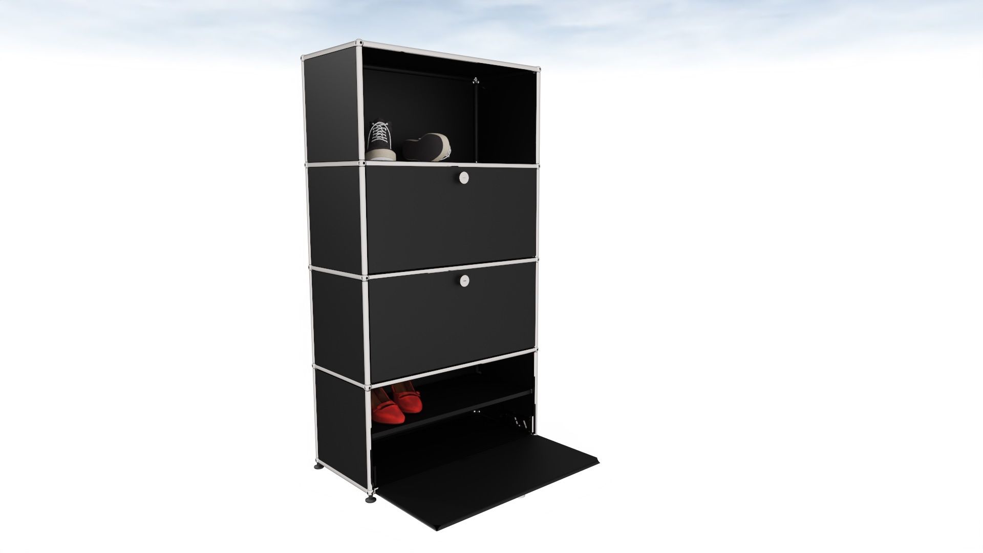 USM Haller Schuhschrank in Schwarz mit Klappe, modulare Aufbewahrung für Schuhe und Accessoires.