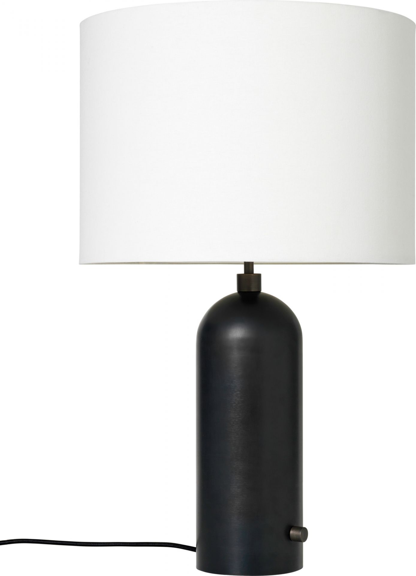 Gravity Tischleuchte: Große, schwarze Lampe mit weißem Lampenschirm für stilvolle Beleuchtung.