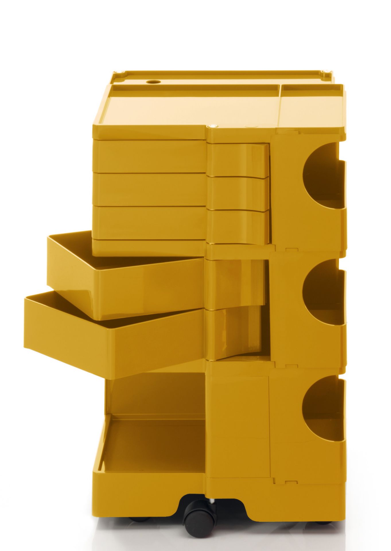 Gelber Boby Rollcontainer mit Schubladen und Fächern für Büro oder Werkstatt.