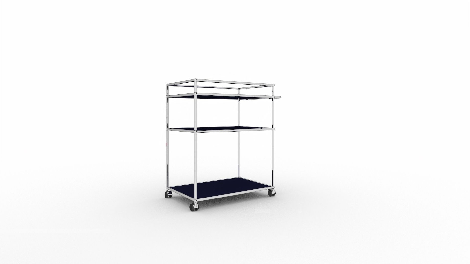 USM Haller Servierwagen in Stahlblau mit drei Ebenen und Rollen für flexible Nutzung.