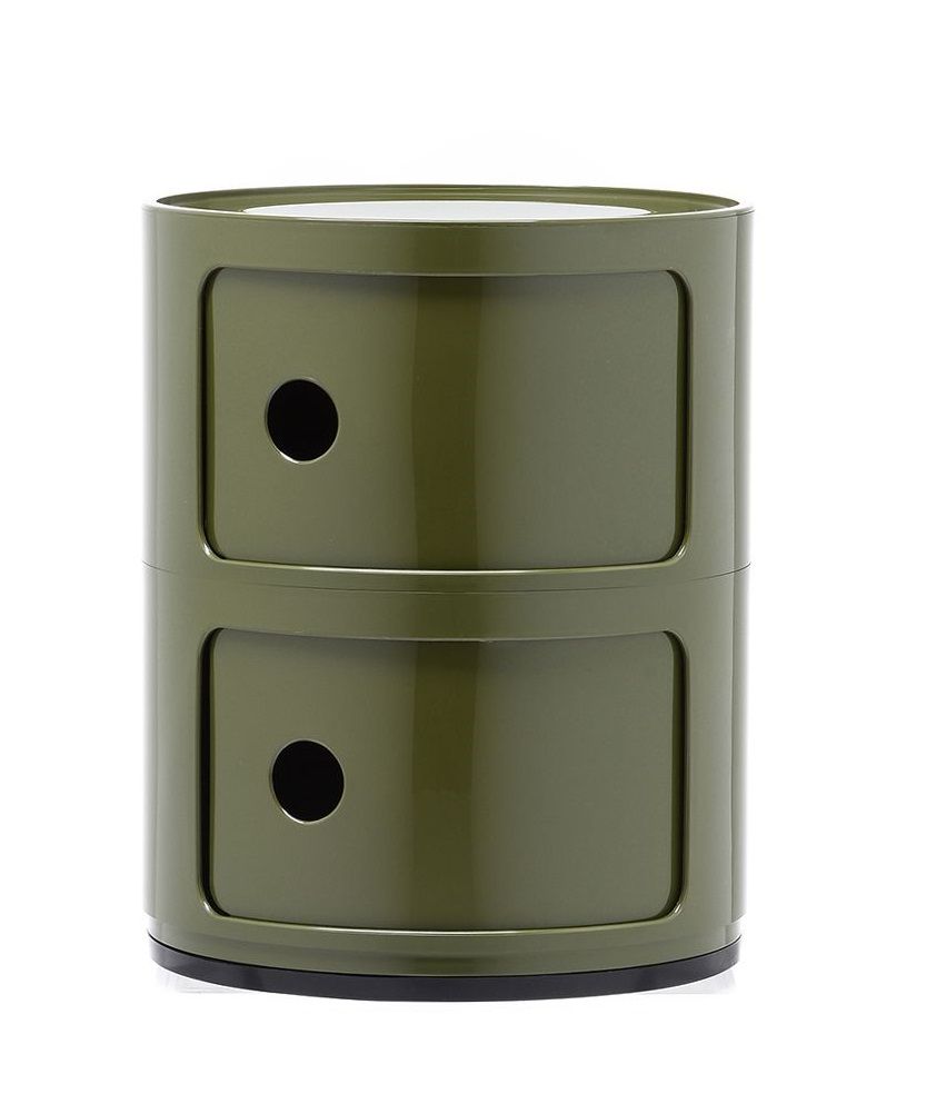 Olivgrüner Kartell Componibili 2er Container: Moderner, runder Nachttisch mit zwei Fächern und minimalistischem Design für stilvolle Aufbewahrung.
