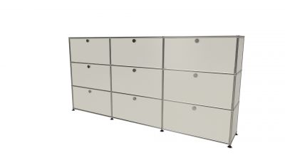 USM Haller Highboard mit neun weißen Klappen und verchromtem Gestell, modernes Designmöbel für Wohnzimmer und Büro.