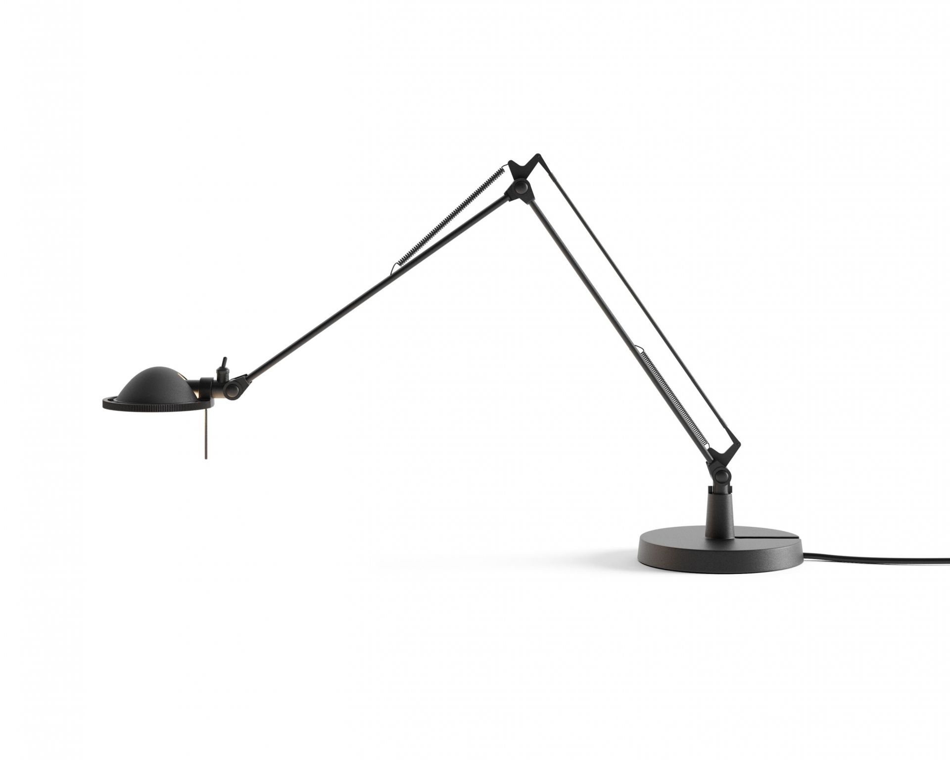 Schwarze D12/5 Berenice Schreibtischleuchte von Luceplan mit verstellbarem Arm und Metallreflektor. Designlampe für Büro und Zuhause.
