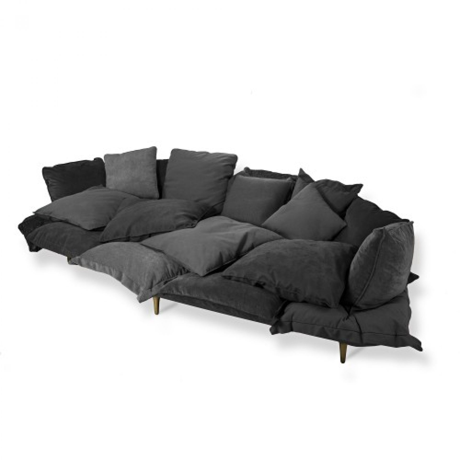 Graues Comfy Sofa von Seletti mit vielen Kissen für ein gemütliches Wohnzimmer.