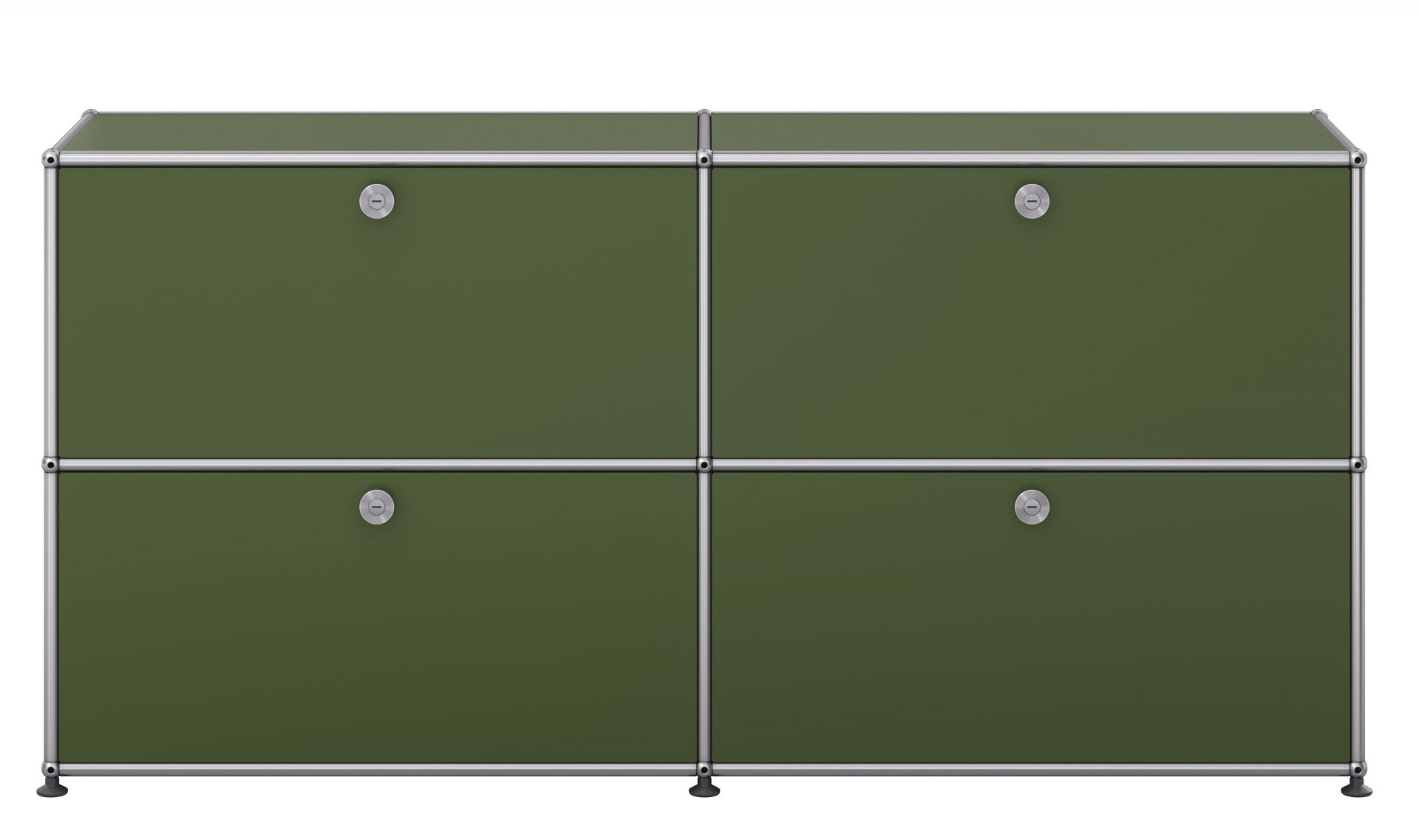 USM Haller Sideboard in Olivgrün mit vier Klapptüren, modernes Designmöbel für Wohnzimmer und Büro.