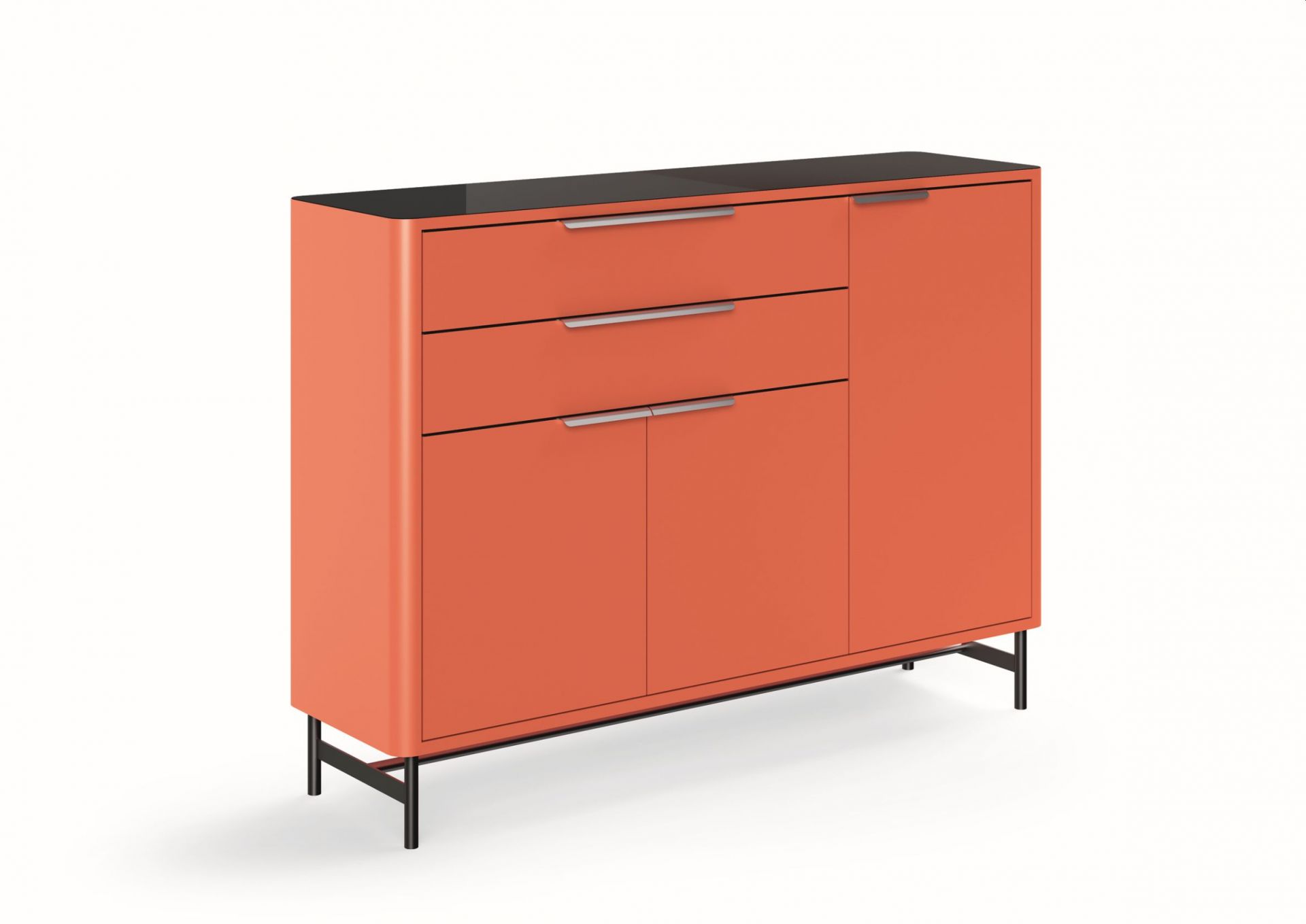 Orangefarbenes S 50 Highboard von Müller Möbelfabrikation mit Schubladen, Türen und schwarzem Gestell.