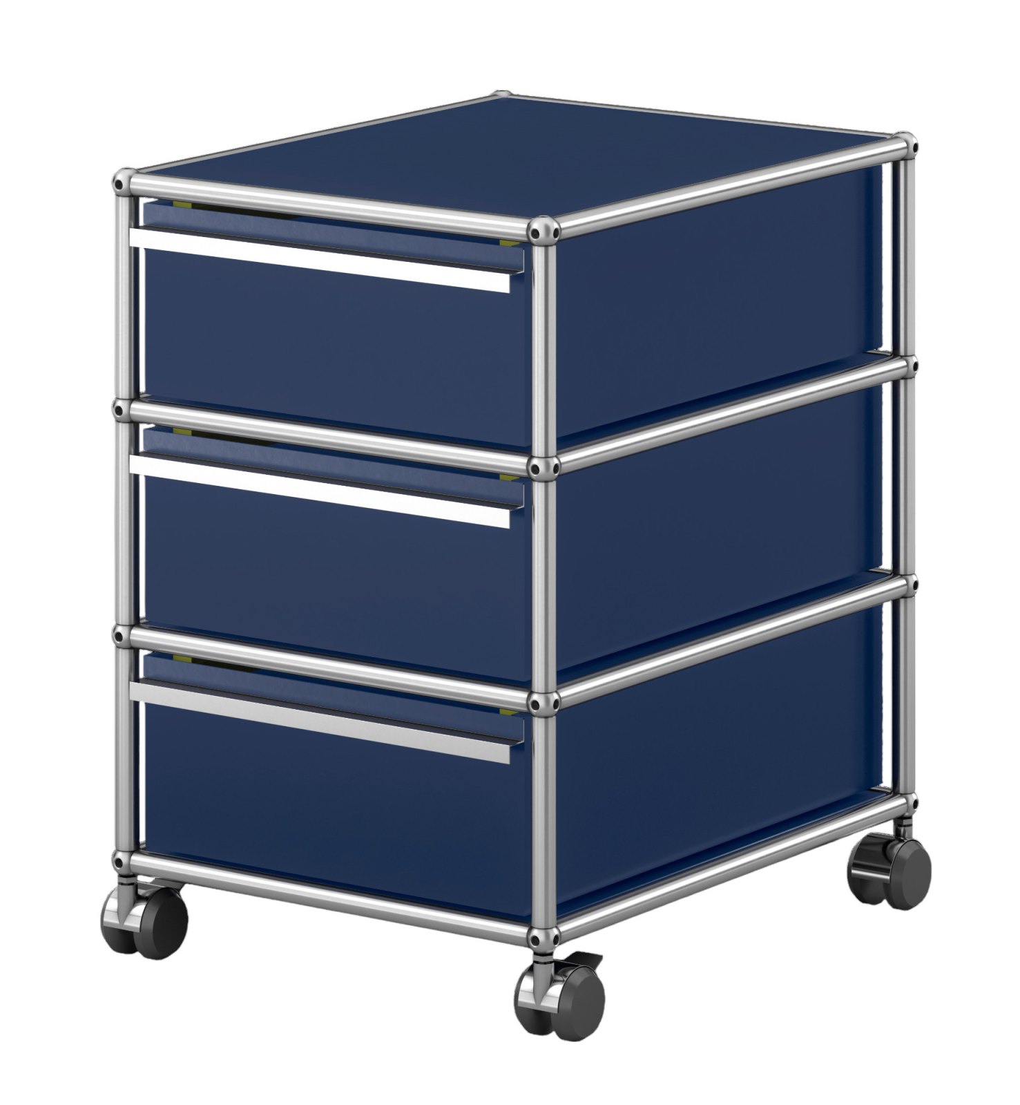 USM Haller Rollcontainer in Blau mit drei Schubladen und verchromtem Gestell auf Rollen.