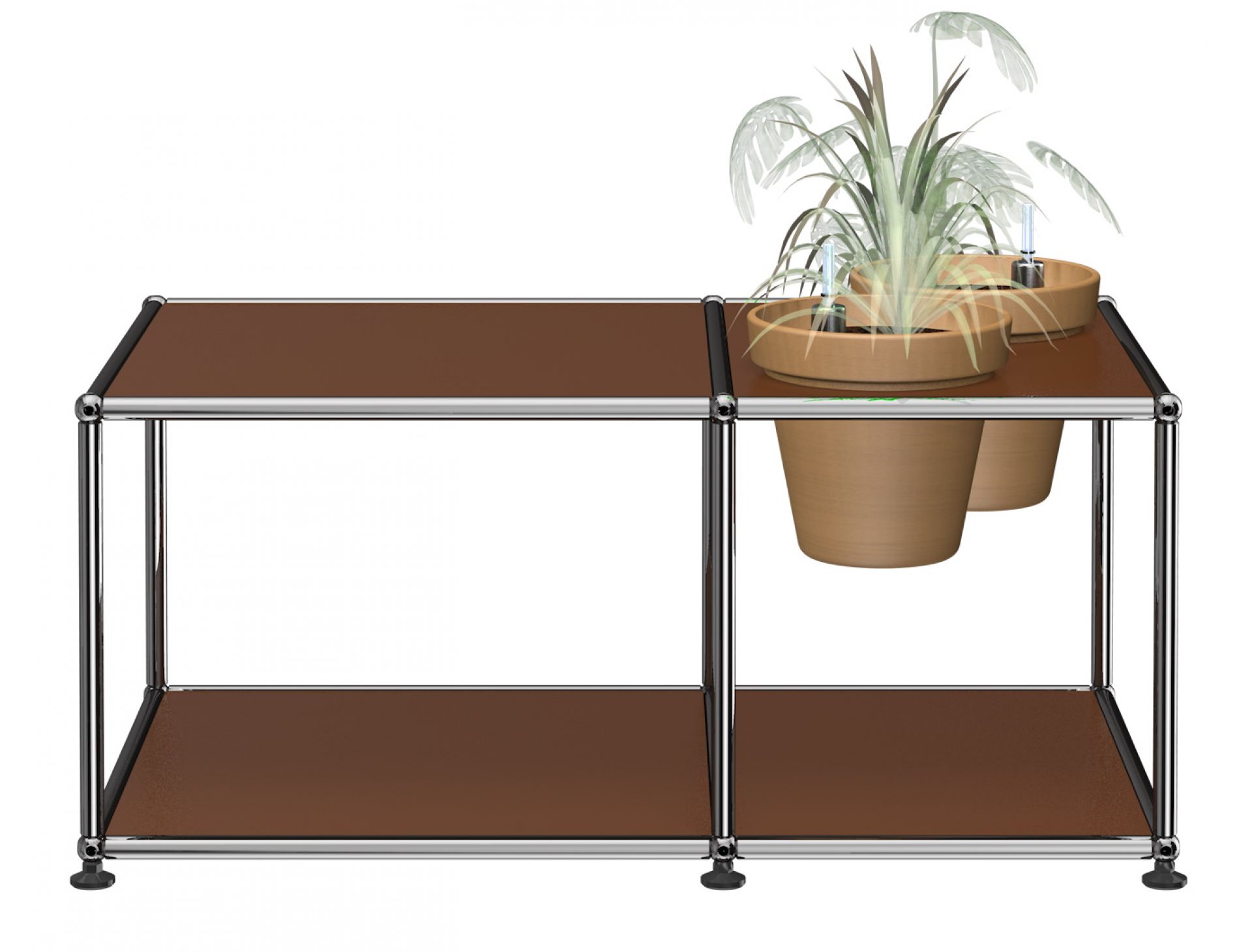 Braunfarbener USM Haller Beistelltisch mit Pflanzenwelten-Einsatz und zwei Pflanzen auf der oberen Ebene.