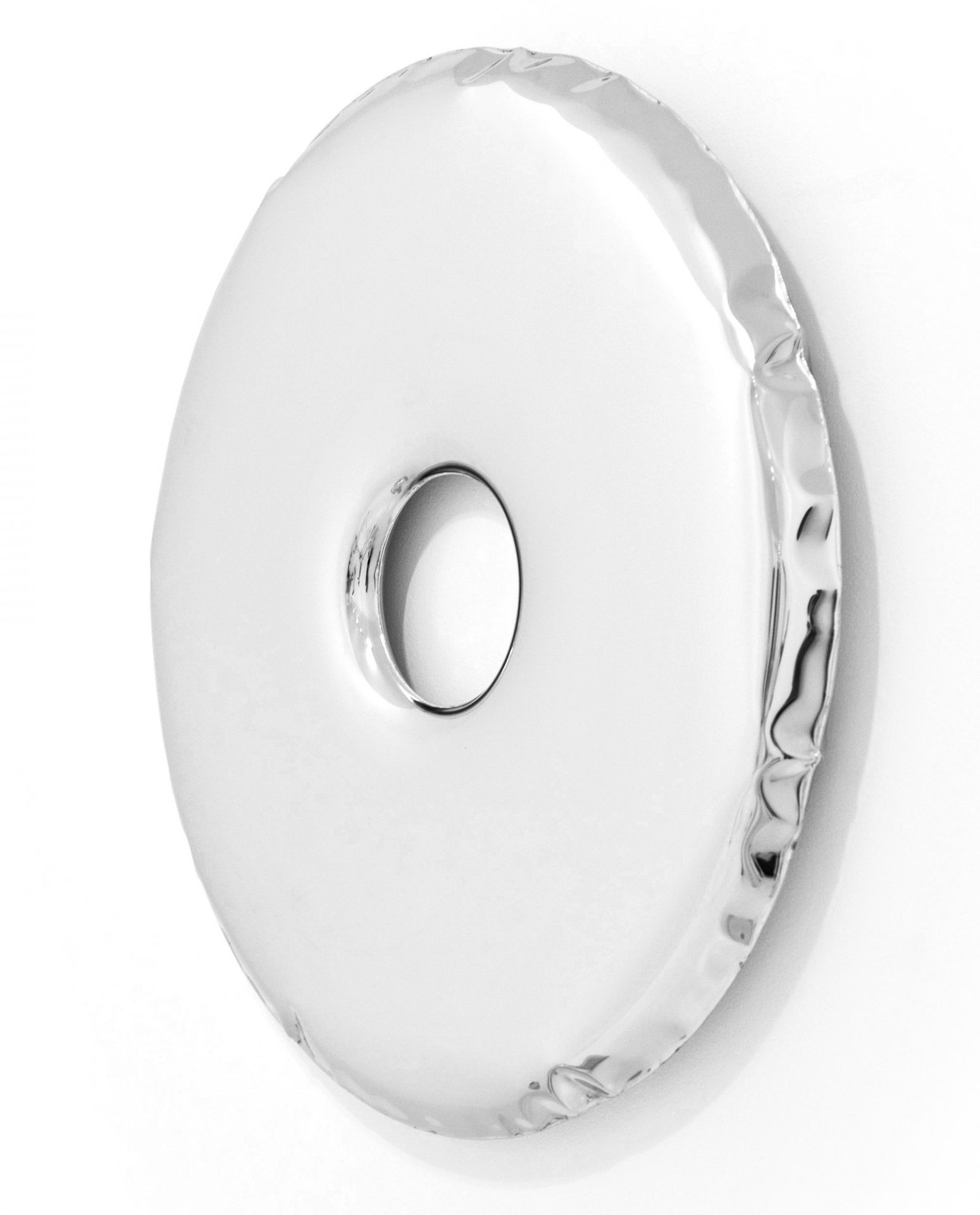 Runder, silberfarbener Rondo Spiegel Zieta mit Loch in der Mitte, 120 cm Durchmesser. Design Spiegel für moderne Einrichtung.