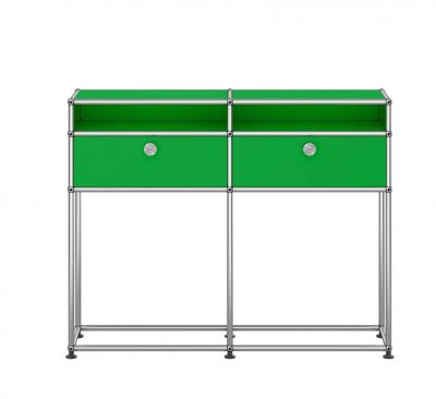USM Haller Sideboard / Console Vert USM Haller Sideboard in Grün mit zwei Schubladen und verchromtem Gestell, modernes Design.