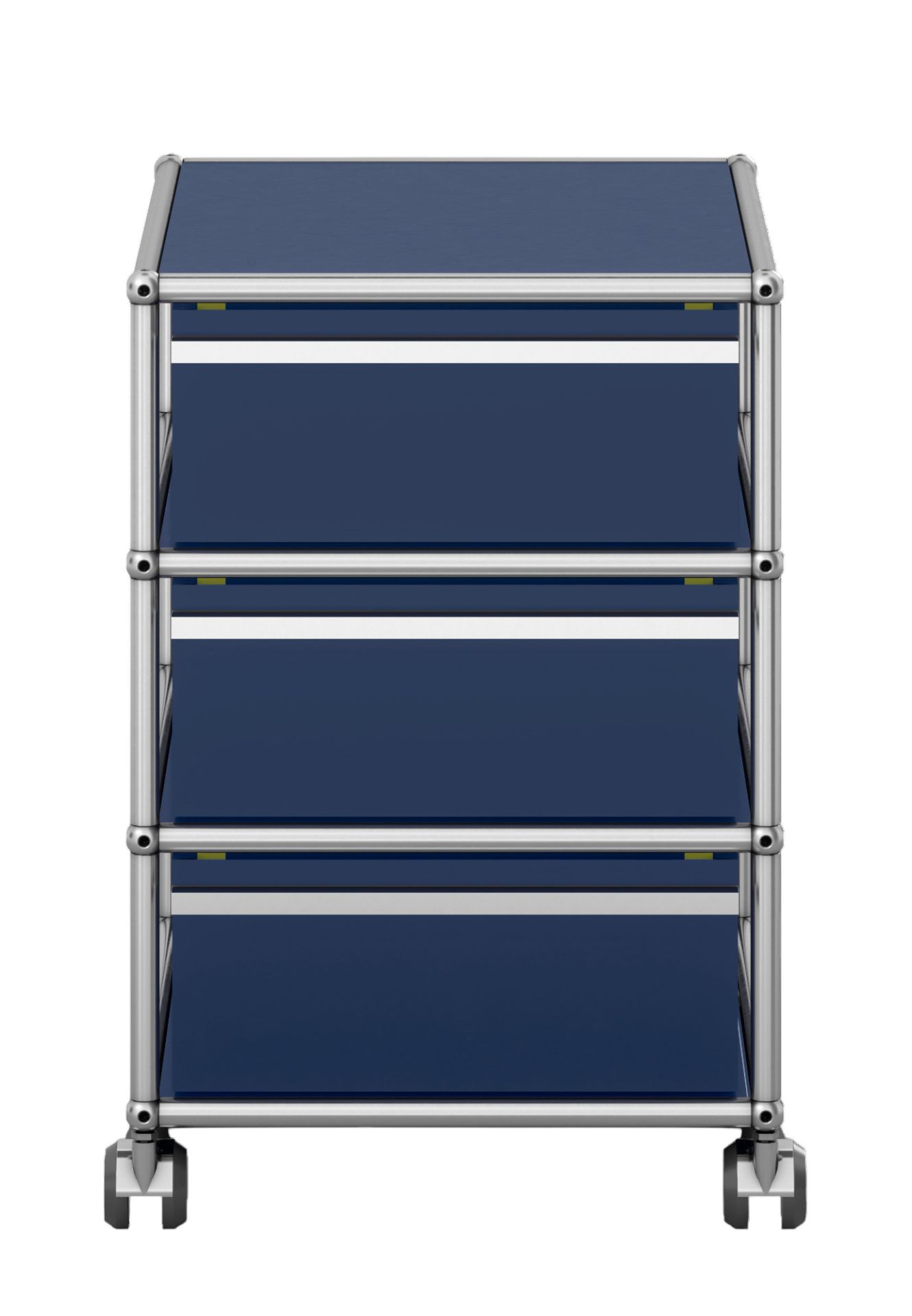 USM Haller Rollcontainer QUICK SHIP in Blau mit drei Schubladen und verchromtem Gestell.
