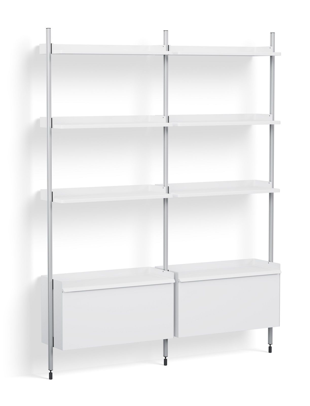 Weißes Hay Regal "Pier System" mit zwei Säulen und Aluminiumrahmen, modernes Wohnzimmerregal.