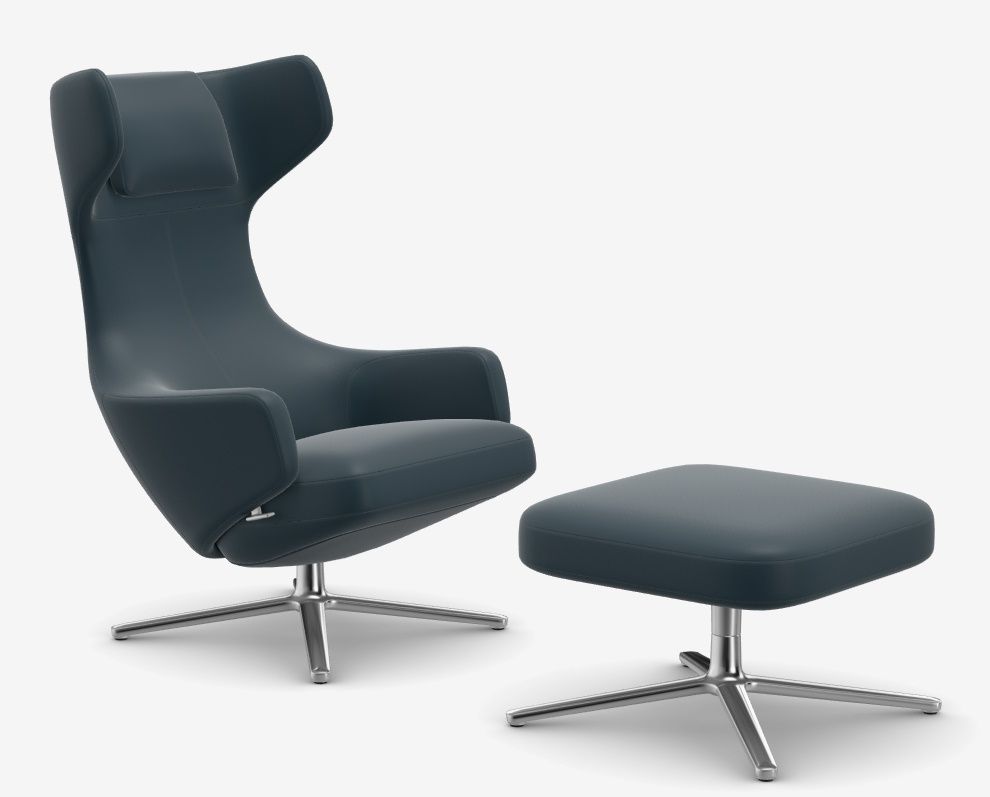 Grand Repos Fauteuil + Ottoman Basse / CUIR PREMIUM AVEC LIGNE CONTRASTE BLEU FUME Vitra OFFRE SPECIALE