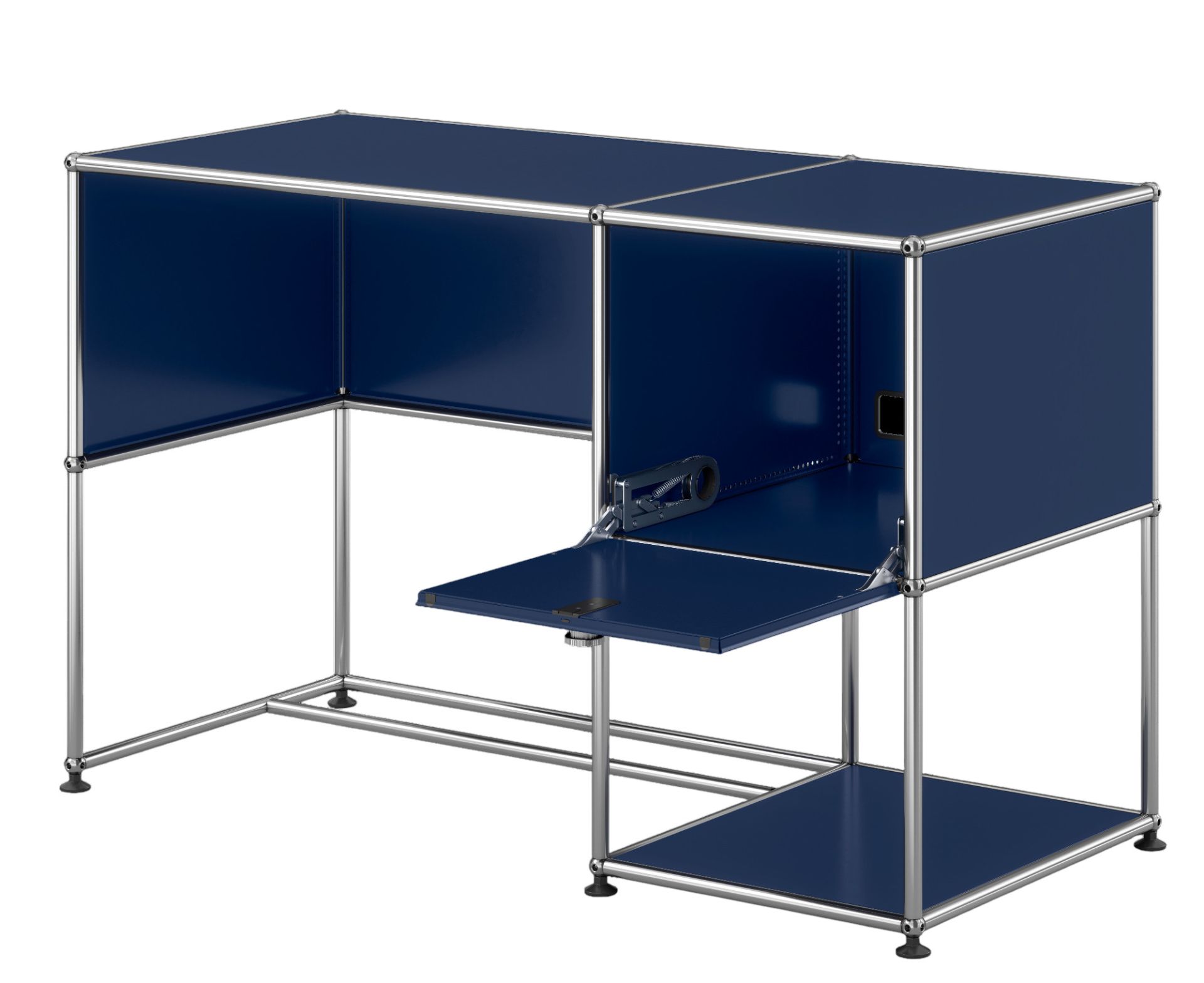 USM Haller Bureau Bleu acier QUICK SHIP USM Haller Schreibtisch in Stahlblau mit geöffneter Klappe und verchromtem Gestell, modernes Design für Büro und Arbeitszimmer.