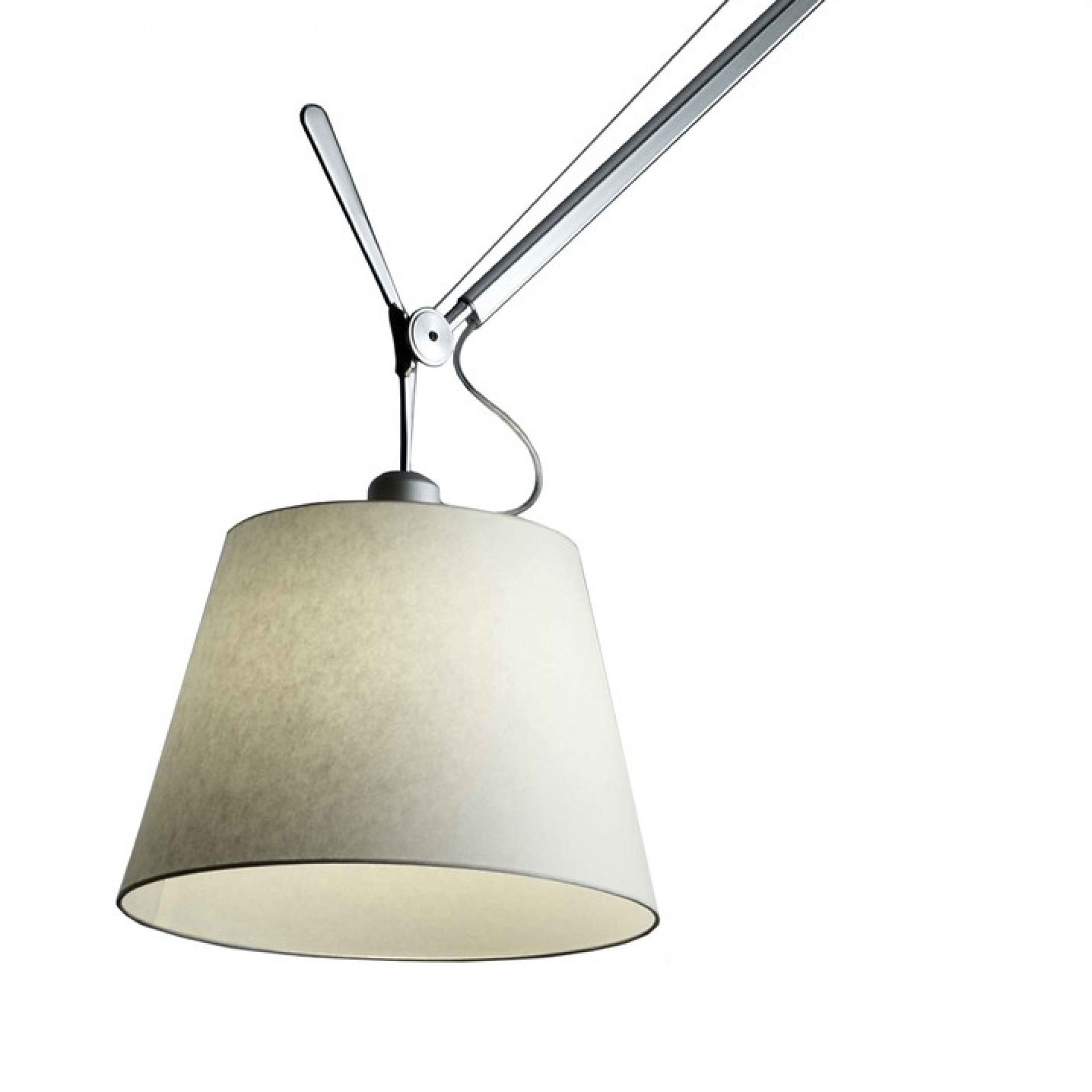 Artemide Tolomeo Mega LED Stehleuchte mit grauem Stoffschirm, modernes Design für Wohnzimmer.