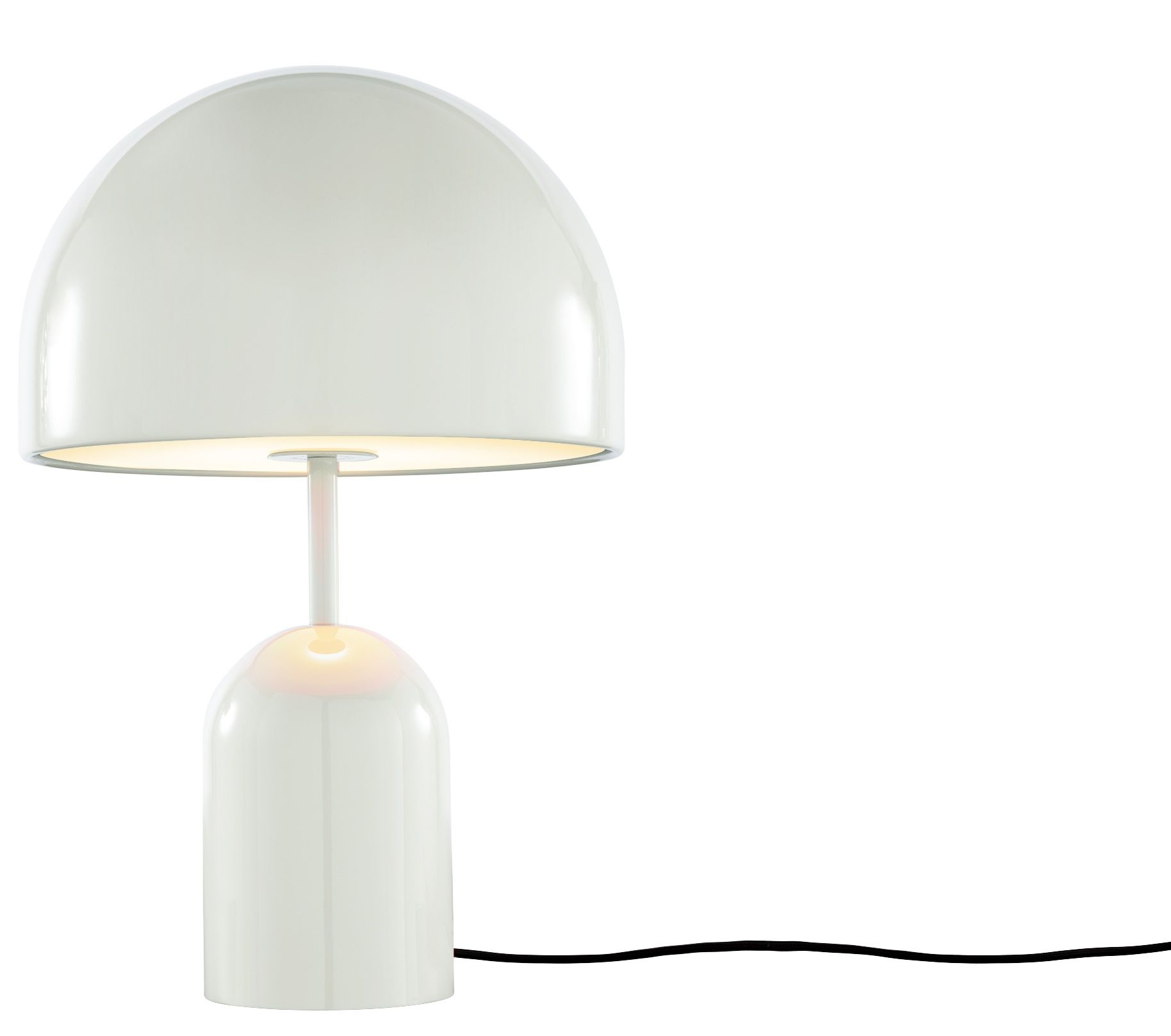 Helle, hellgraue Tom Dixon Bell Tischleuchte LED mit glänzendem Schirm und Fuß.
