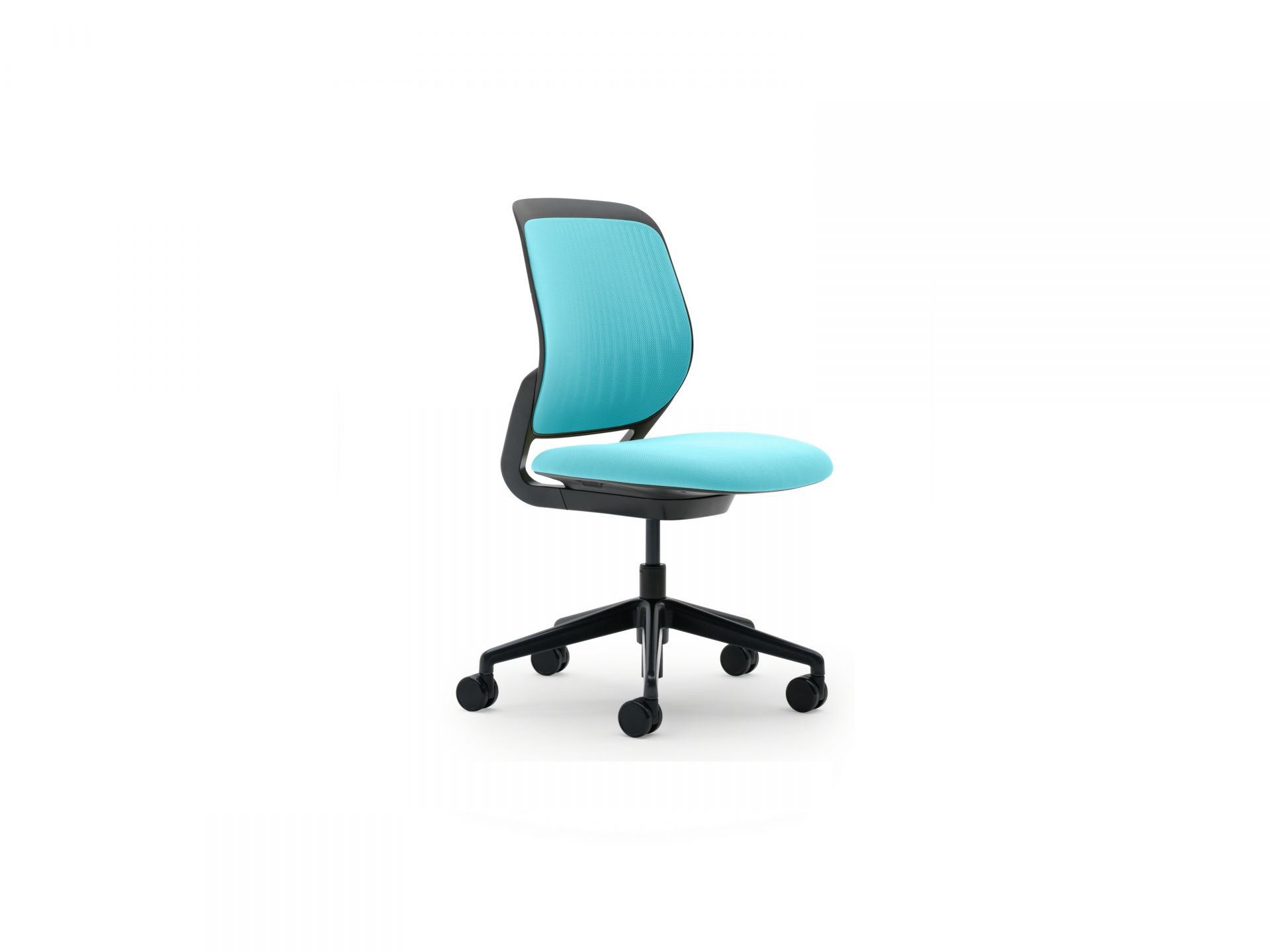 Steelcase cobi Drehstuhl in Schwarz mit türkisfarbener Sitzfläche und Rückenlehne. Konferenzstuhl mit Rollen.