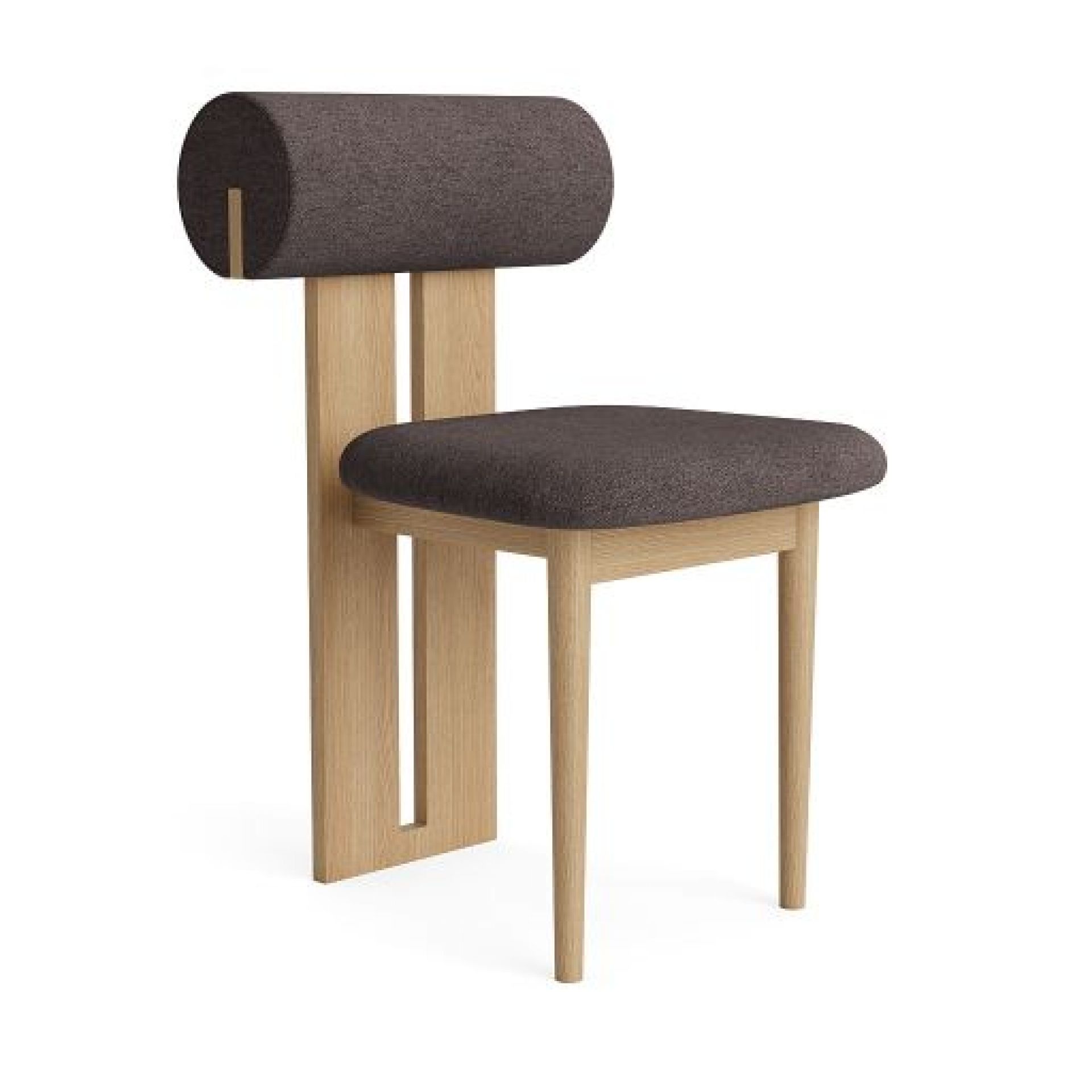Hippo Stuhl Eiche Natur mit Barnum Bouclé Bezug, ein moderner Holzstuhl für Esszimmer.