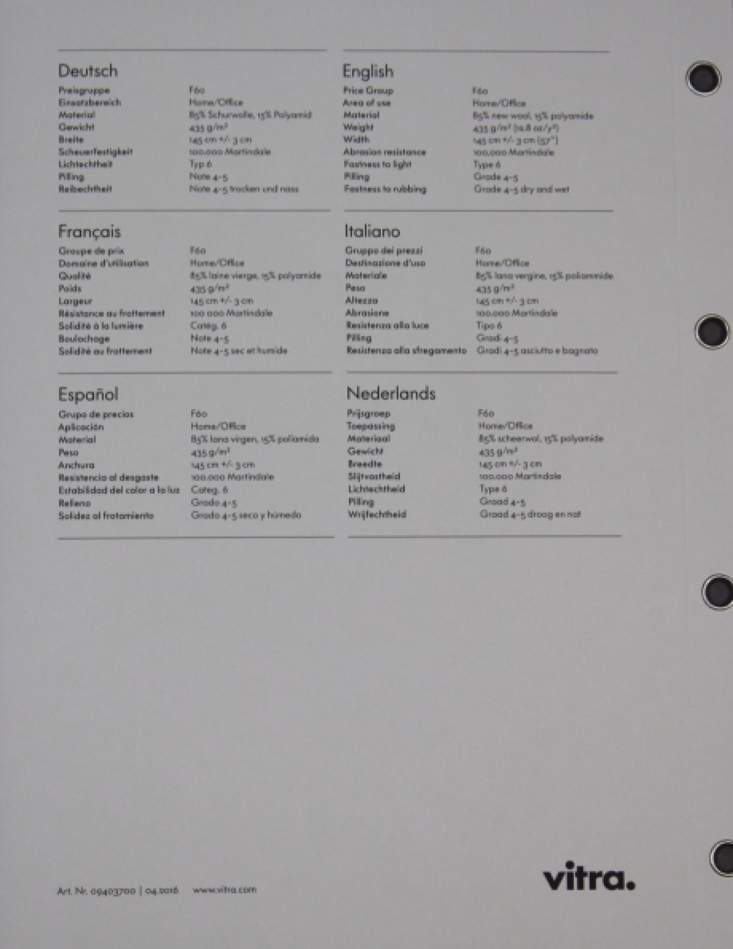 Carte échantillon de Volo Vitra