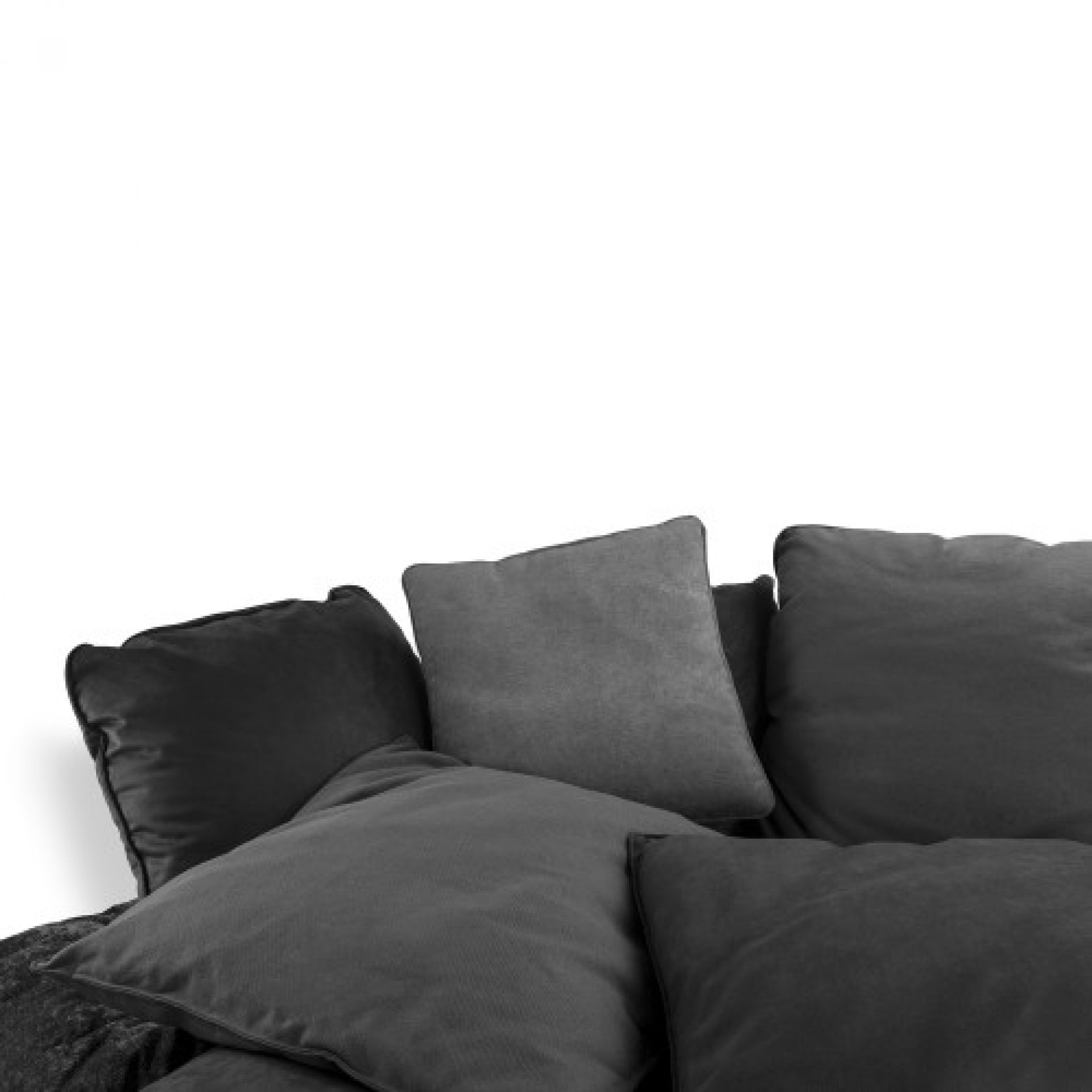 Detailaufnahme des grauen Comfy Sofas von Seletti mit weichen Kissen für Wohnzimmer und Lounge.