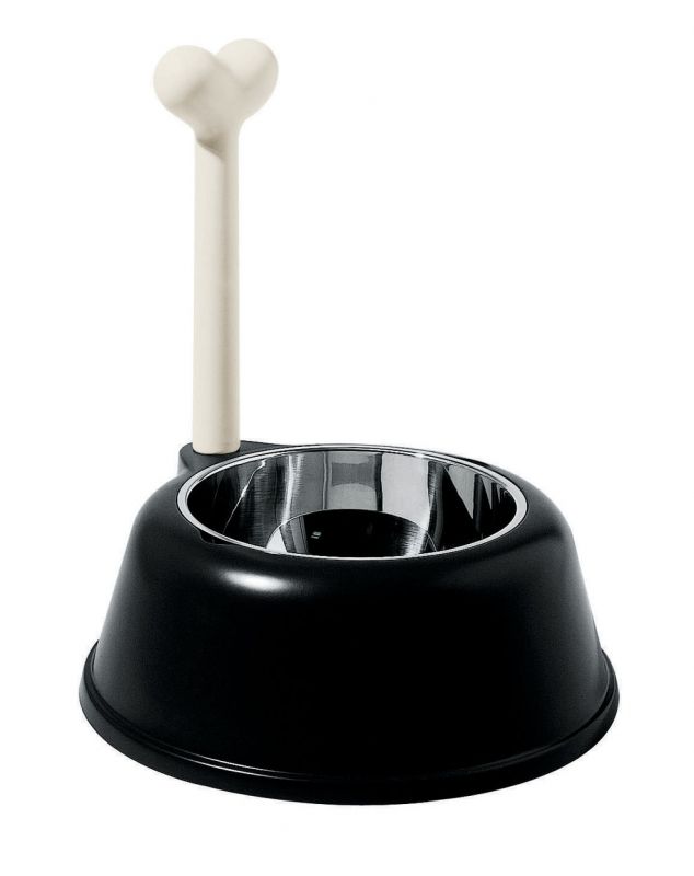 Schwarzer Lupita Hundenapf von Alessi mit Knochen-Griff, ideal für Futter und Wasser.