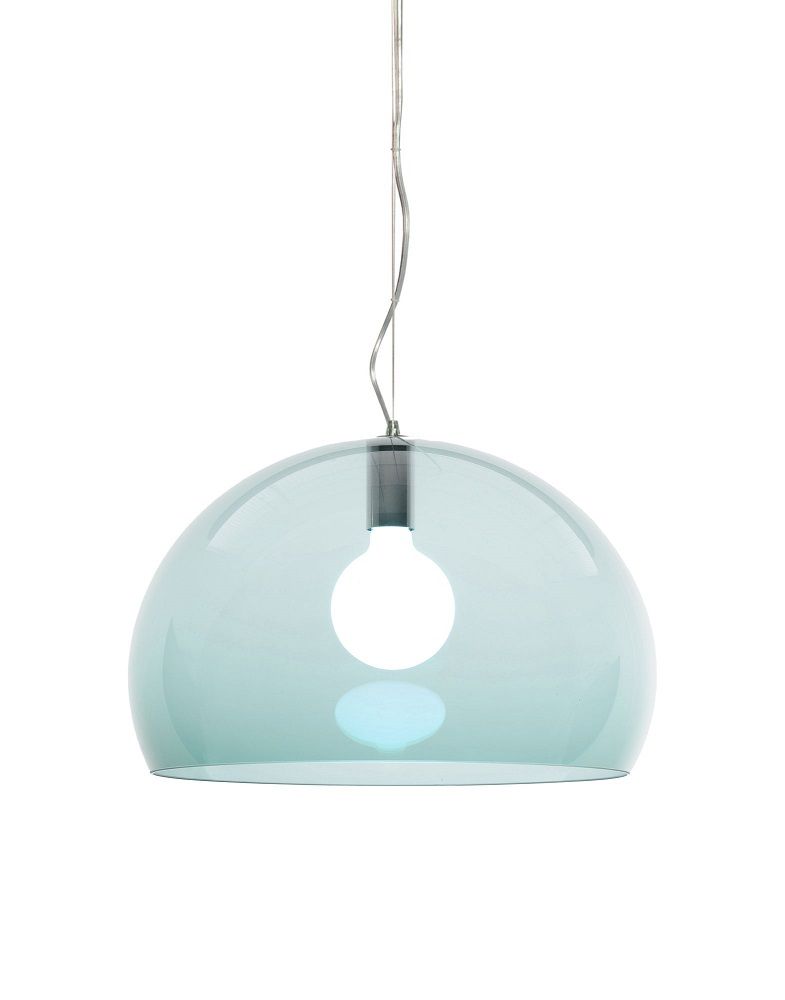 Fly Pendelleuchte von Kartell in Petroleum: Moderne Hängelampe mit transparentem, petrolfarbenem Lampenschirm.