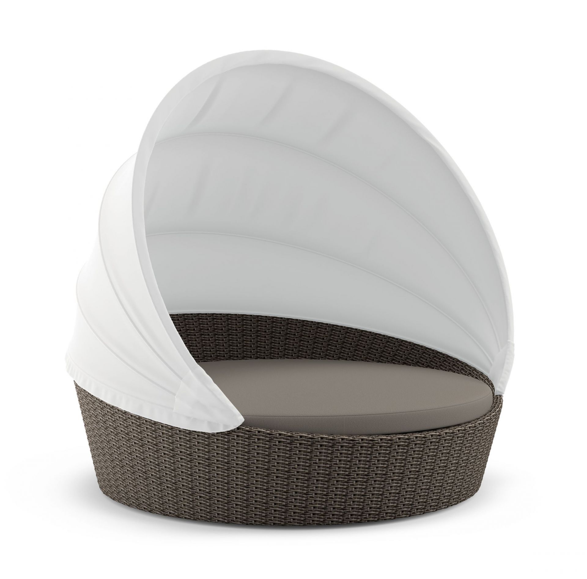 Orbit XXL Sofainsel von Dedon mit weißem Verdeck, braunem Korbgeflecht und beiger Sitzfläche.