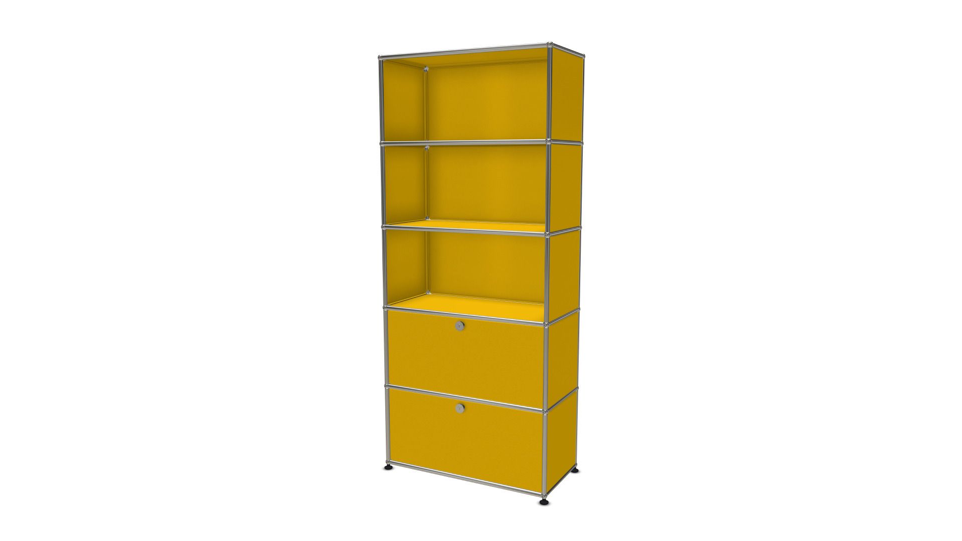 Gelbes USM Haller Regal mit zwei Klappen und drei offenen Fächern, modernes modulares Design.