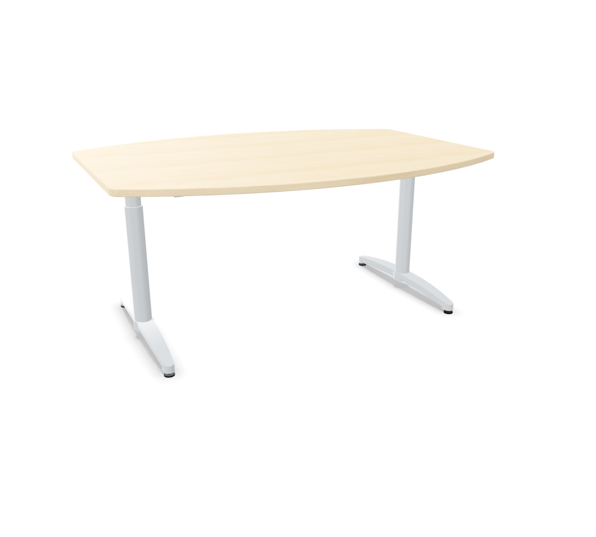 Canvaro Besprechungstisch in Bootsform von Assmann Büromöbel mit hellem Holzdekor und weißem Gestell.