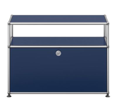 USM Haller Beistellmöbel – QUICK SHIP-stahlblau USM Haller Beistelltisch in Stahlblau mit einer Klappe, modernes Designmöbel für Wohn- und Bürobereiche.