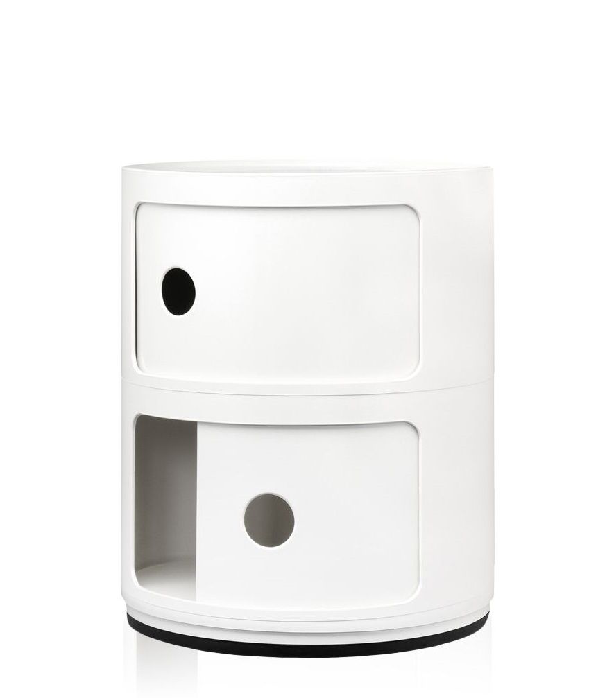 Weißer Componibili 2er Container von Kartell: Moderner, runder Nachttisch mit zwei Fächern und Schiebetüren.