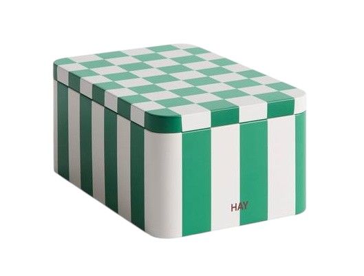 Petite boîte de rangement en fer-blanc verte et blanc cassé pour le foin