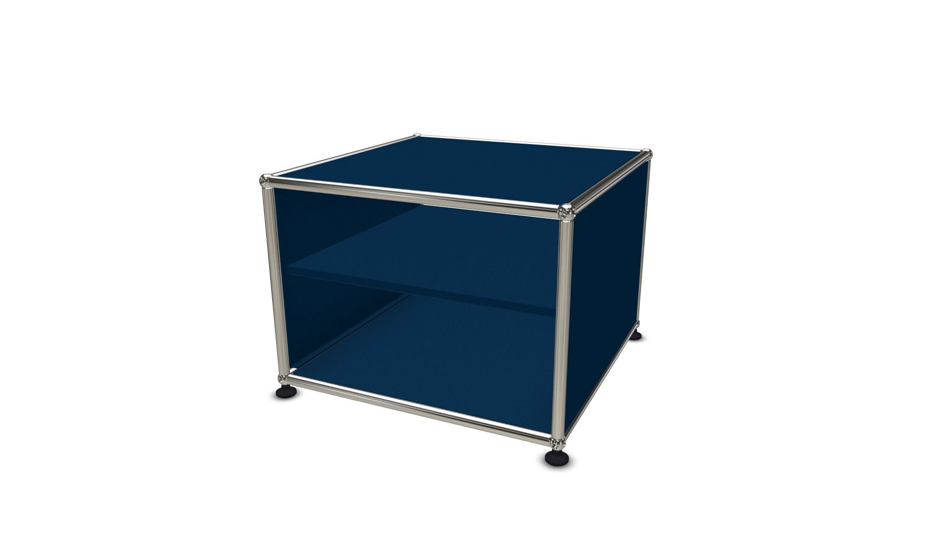 USM Haller Möbel: Stahlblaues Beistellmöbel mit Zwischentablar und verchromtem Rahmen, modernes Design für Wohnzimmer und Büro.