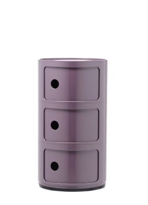 Violettes Componibili 3er Element von Kartell: Moderner, runder Aufbewahrungsturm mit drei Fächern und charakteristischen Griffloch.