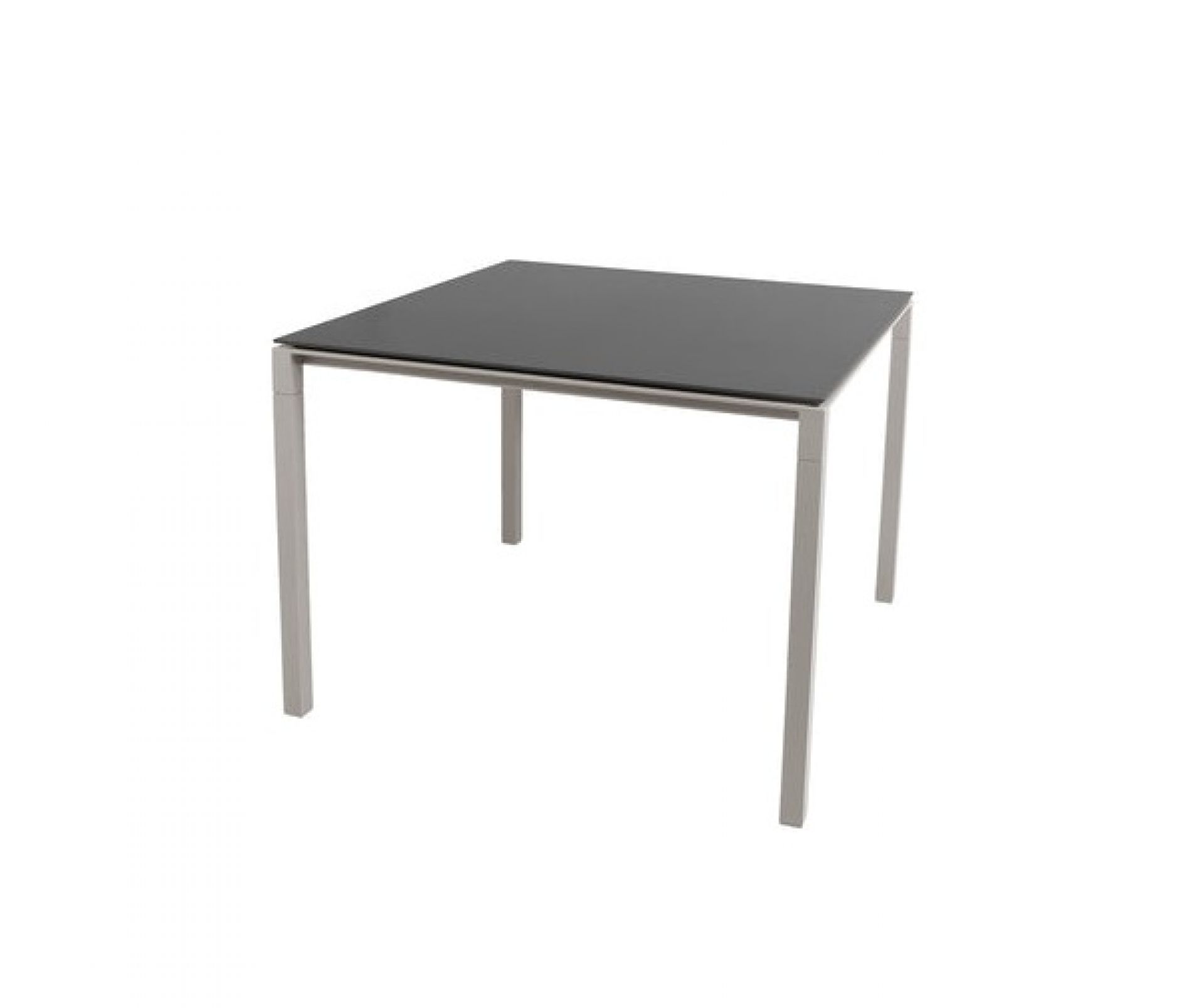 Quadratischer Pure Outdoor Esstisch mit schwarzer Tischplatte und taupefarbenem Gestell. Moderner Gartentisch für Terrasse und Balkon.