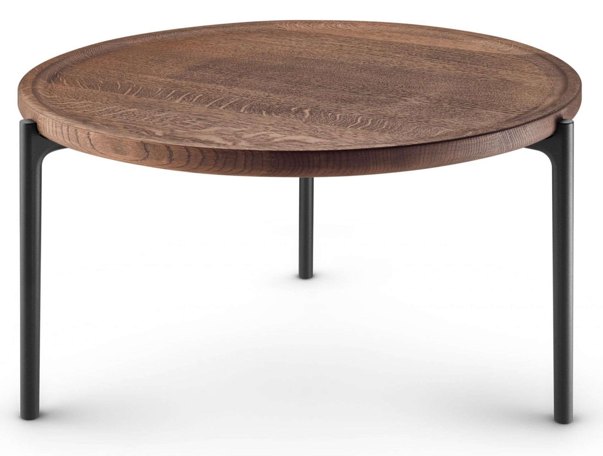 Savoye Tisch: Runder Beistelltisch aus geräucherter Eiche mit schwarzem Metallgestell.