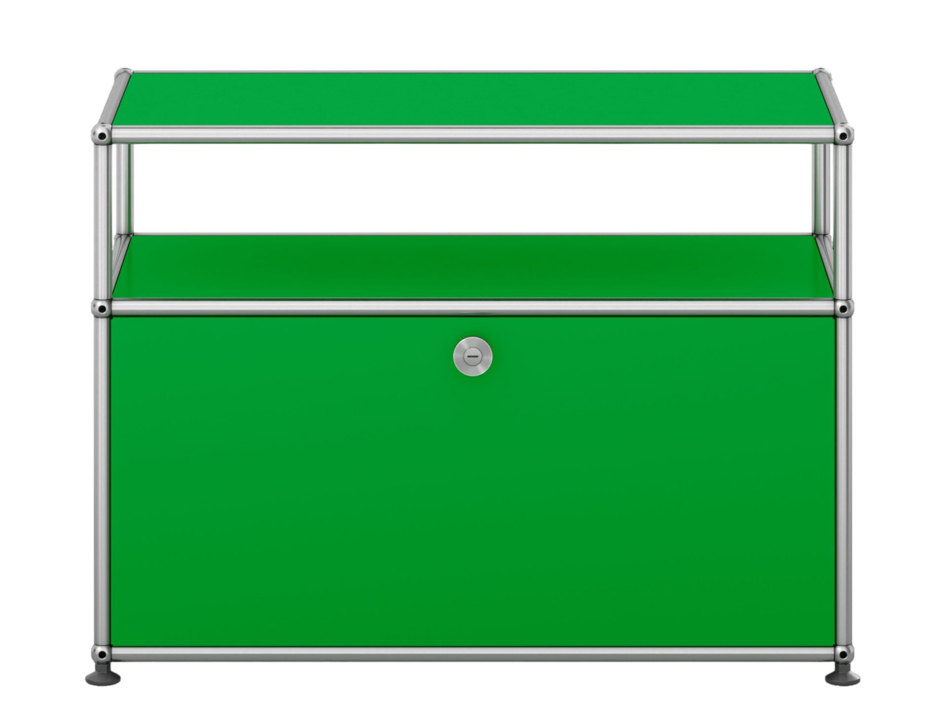 USM Haller Beistellmöbel in Grün mit einer Klappe und verchromtem Gestell, modernes Design.