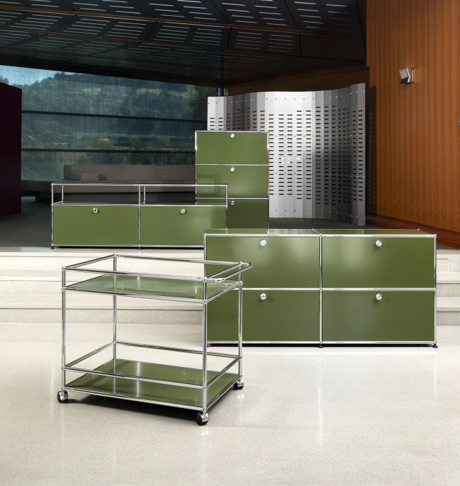 USM Haller Highboard avec trois portes rabattables Vert olive NOUVEAU TEINTE STANDARD 