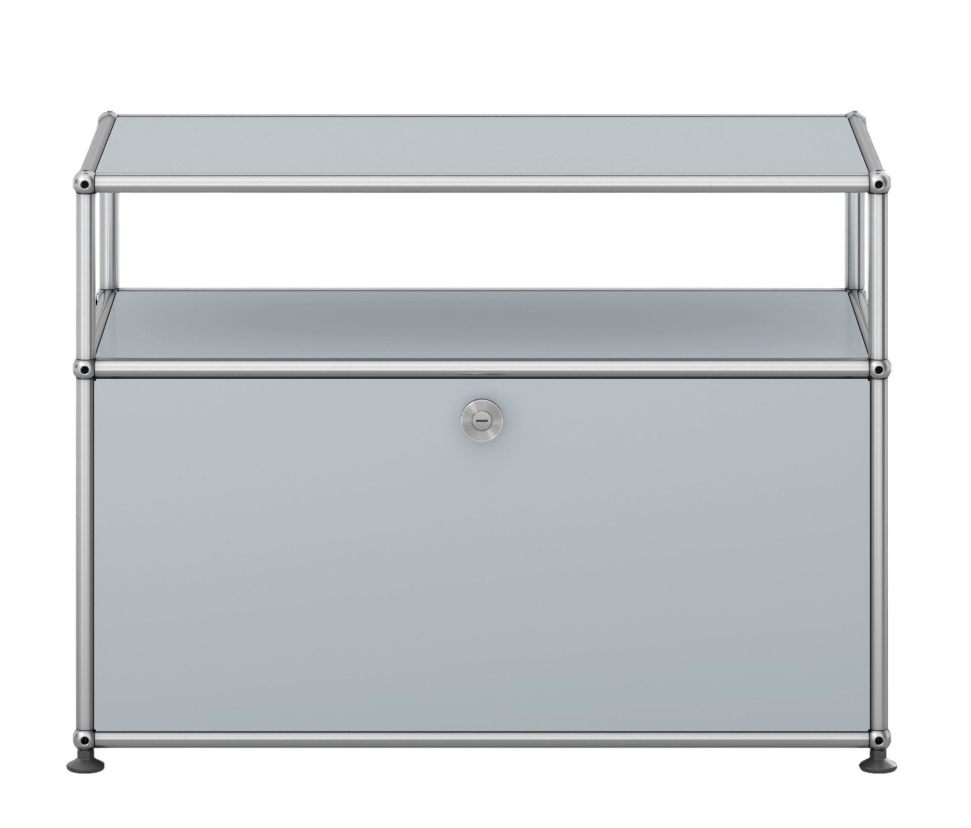 USM Haller Beistellmöbel mit Klappe in Hellgrau, modernes Design für Wohnzimmer und Büro.