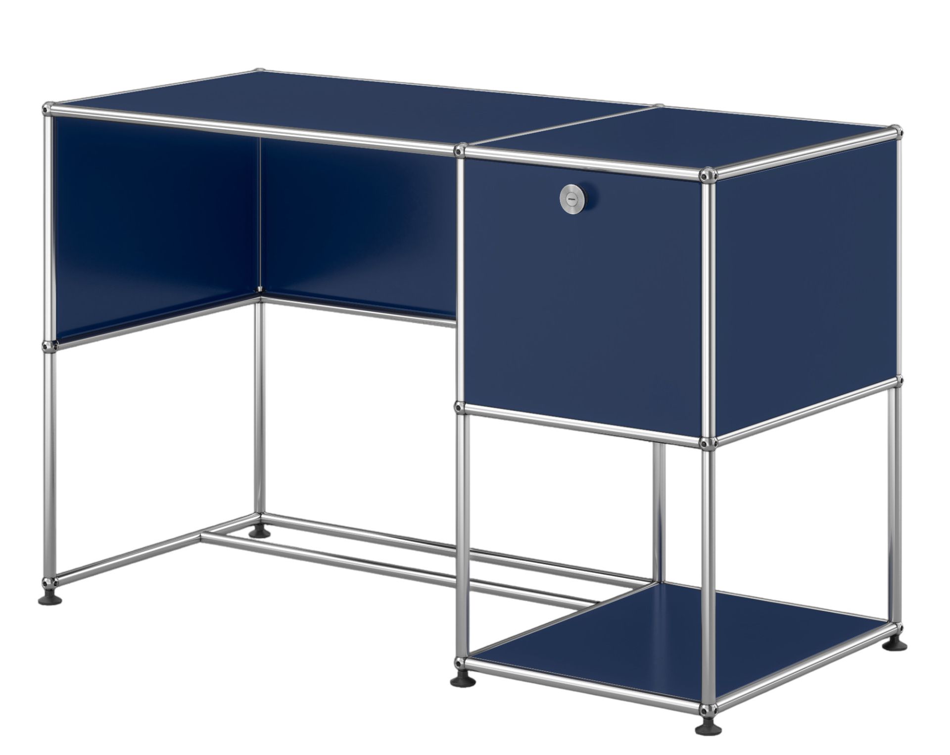 USM Haller Bureau Bleu acier QUICK SHIP USM Haller Schreibtisch in Stahlblau mit einem Schubladenelement und verchromtem Gestell.