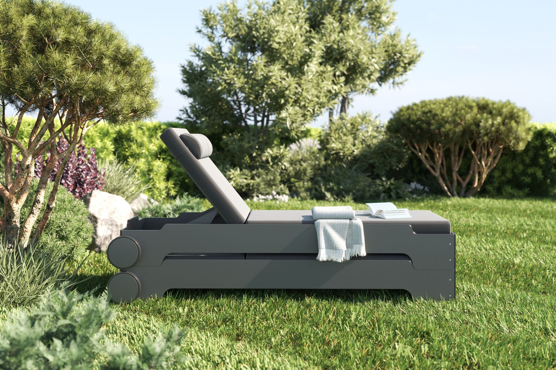Chaise longue empilable Solara avec roues et coussin Outdoor Müller Möbelwerkstätten
