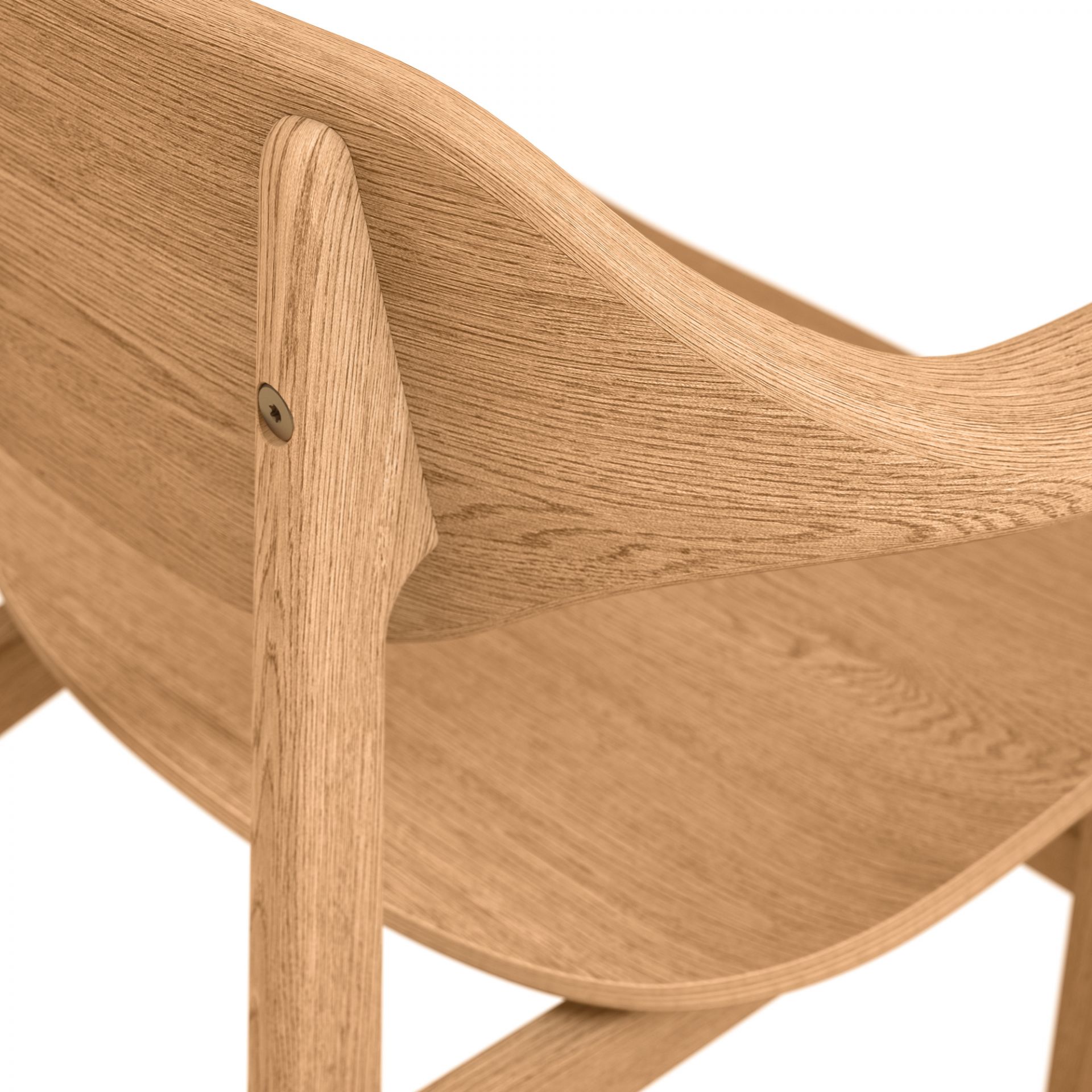 Detailaufnahme des Bufala Dining Chair Stuhls von Norr11 in Eiche Natur, Fokus auf Rückenlehne und Holzstruktur.