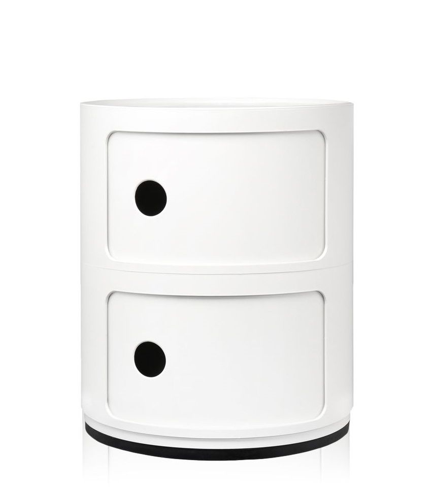 Weißer Componibili 2er Container von Kartell: Moderner, runder Nachttisch mit zwei Fächern und schwarzen Griffmulden.