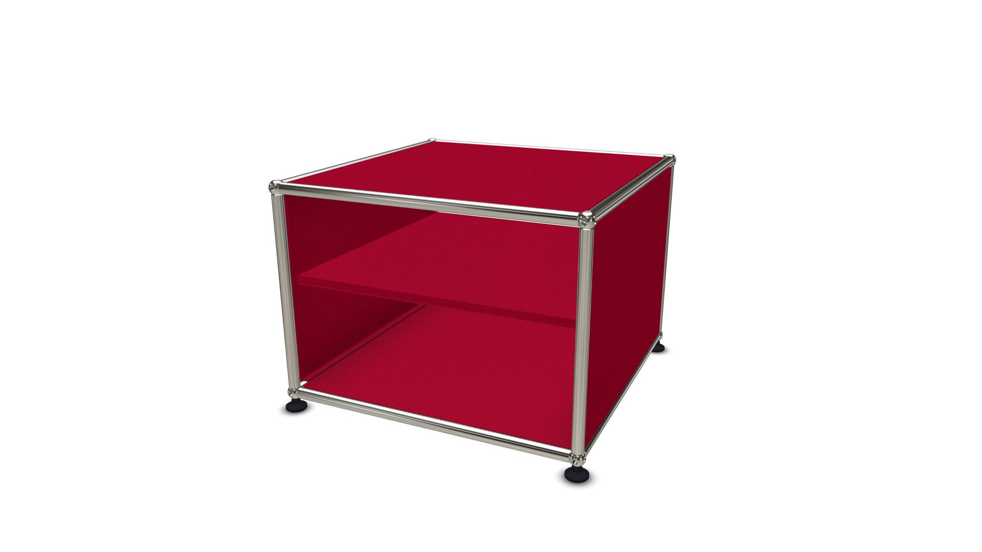 USM Haller Beistelltisch mit Zwischentablar rot Rotes USM Haller Beistellmöbel mit Zwischentablar, moderner Designklassiker für Wohnzimmer und Büro.