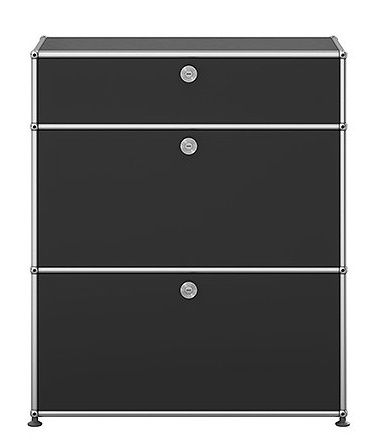 USM Haller Highboard in Anthrazit mit zwei Klappen und verchromtem Gestell, modernes Designmöbel für Büro und Wohnraum.